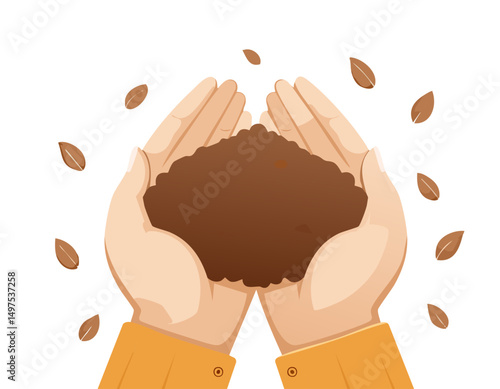 Illustration of hands gently holding a pile of soil on a white background. A simple and clean design that represents care for nature, growth, and sustainability.