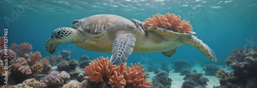 Wallpaper Mural Green sea turtle gracefully swims amidst vibrant coral reef and azure water ,  underwater,  vibrant,  reef Torontodigital.ca