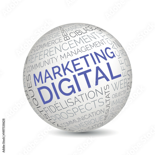 French digital marketing concept sphere with SEO and social media keywords