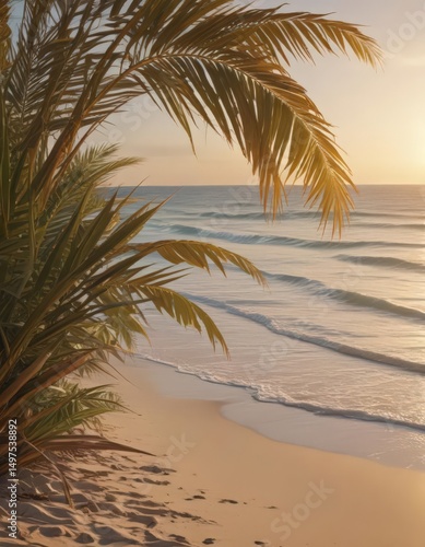 Wallpaper Mural Warm, faded tones highlight a tranquil beach scene; palm fronds sway in the breeze  Ocean horizon glows softly ,  retro style,  palm trees Torontodigital.ca