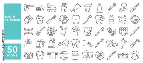 Set of 50 line icons related to tooth brushing, dentifrice, toothbrush, dental care, toothpaste, mouthwash, teeth protect, Editable stroke. Vector illustration