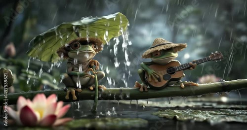 Rainy Day Serenade Two Frogs Under a Lily Pad Umbrella, One Playing Guitar