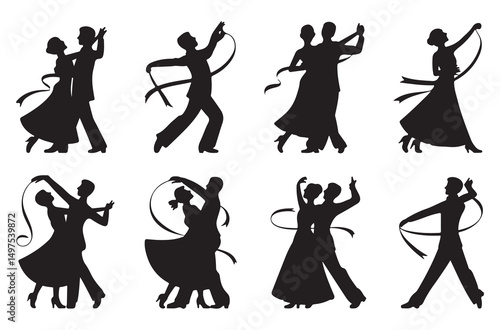  A set of silhouettes of dancers performing various dance poses, such as ballroom and rhythmic dancing, captured in black-and-white with ribbons and elegant movements for artistic projects.