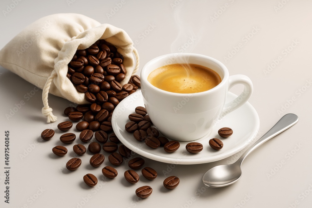Fototapeta premium Hot espresso in white cup with spilled coffee beans and spoon on light background, showcasing warm drink concept in cozy minimalist style.