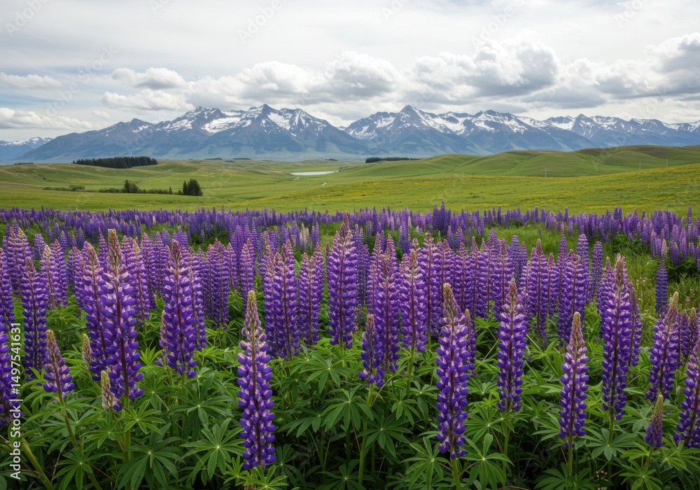 Lupine field with mountains Lupine field with mountains