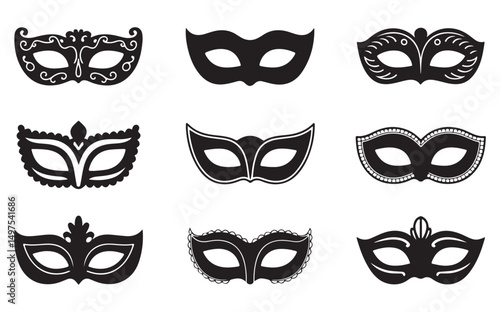 A collection of decorative masquerade masks, designed with intricate patterns and sharp edges, drawn in black-and-white for use in event themes, party decorations, or artistic projects.