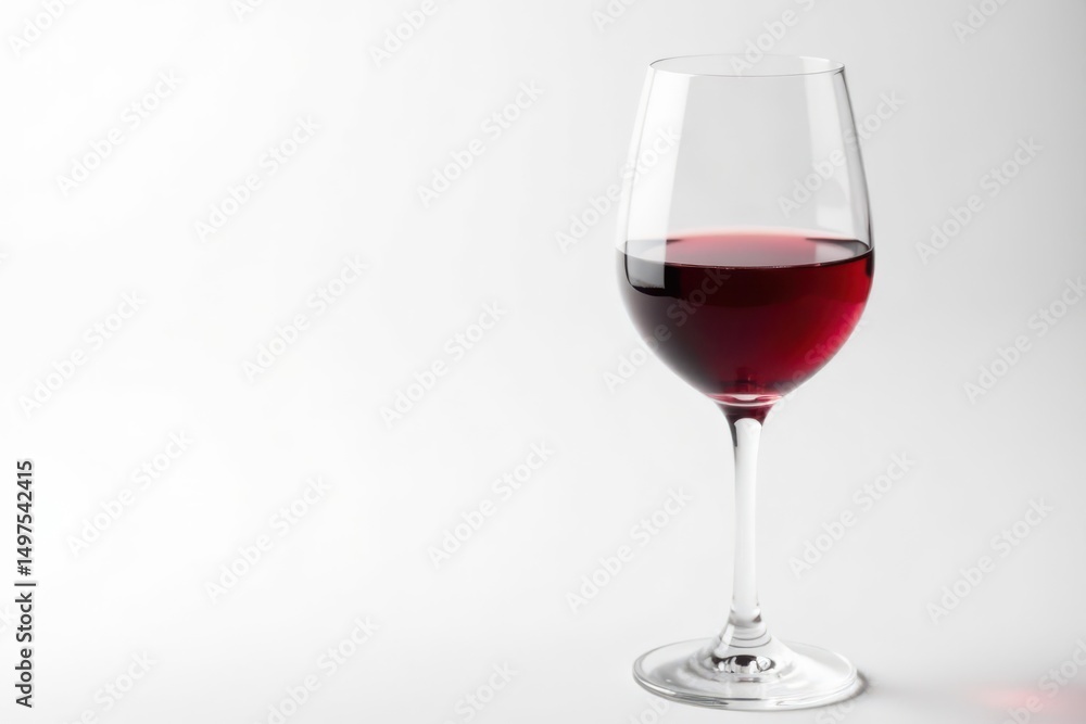 Single red wine glass, half-full, against pure white, drinkware, white background, liquid Single red wine glass, half-full, against pure white, drinkware, white background, liquid