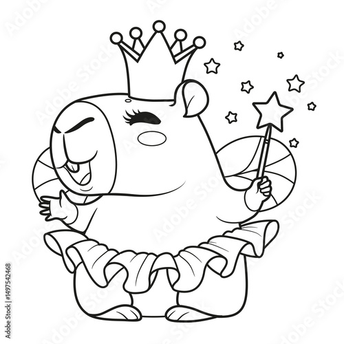 Cute cartoon capybara in a princess dress with wings and a magic wand outlined for coloring page on a white background