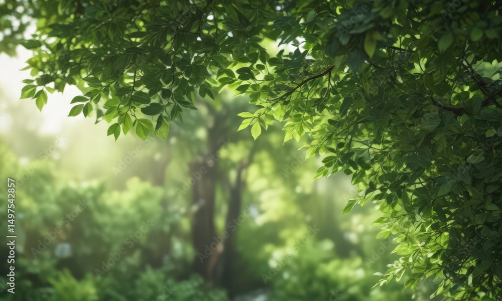 Fototapeta premium Blurred green leaves, dappled light, soft focus, lush vegetation, backdrop, bokeh, foliage