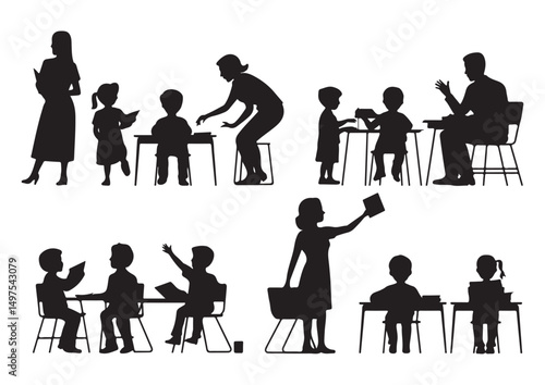  A series of silhouette illustrations showing children and teachers engaged in various educational activities like reading, writing, and classroom interaction, designed in black-and-white style.