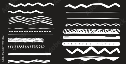 crayon line collection - straight strokes, dotted rows, wavy patterns, zigzag marks with grunge textured surface. Hand drawn underline elements for design emphasis or decorative borders