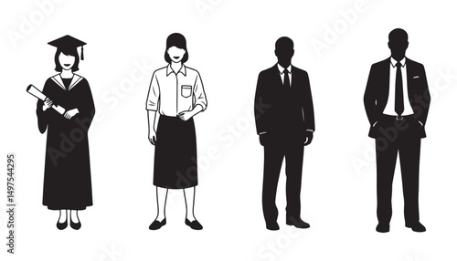 Silhouetted images of human characters in a range of jobs such as police, soldiers, graduates, and business professionals, emphasizing the variety of roles within our community.
