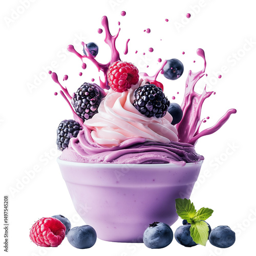 Delicious fruits ice-cream on a bowl on transparent background 