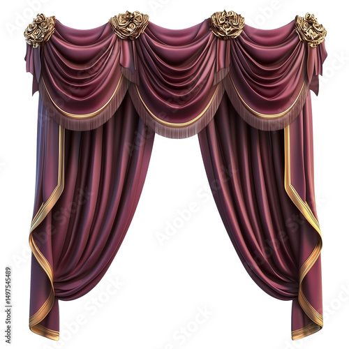 Elegant stage drapes in deep burgundy with gold on transparent background