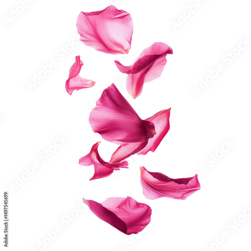 Pink rose flower petals falling mid-air on transparent background