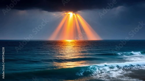Dramatic Sunlight Breaking Through Clouds Over Calm Ocean Waves at Dusk Creating a Serene Atmosphere