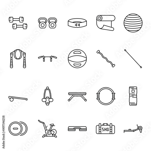 sports equipment black line icons set for digital and print projects.