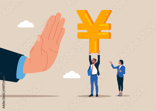 Businessman standing with sign Japanese Yuan. Anti corruption scene with illegal bribe money transfer. Flat vector illustration
