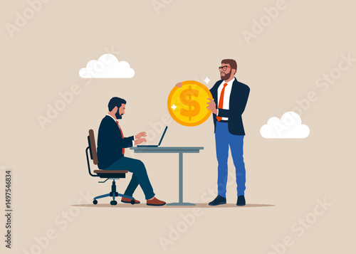 Desire for money boss. Financial and investment motivation for software engineer dreaming of money. Modern flat vector illustration.