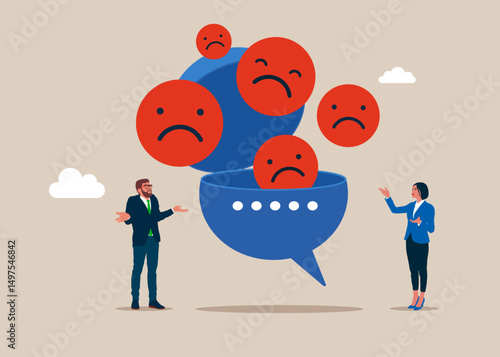 Business team open feedback speech bubble to see discussion, conversation positive thinking, wicked faces symbols. Burnout from tiring work or demotivation from failure, stress. Vector illustration