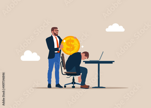 Financial and investment motivation for worker experiencing energy deficit and lack desire to complete managerial tasks boss. Fell asleep at workplace with laptop. Vector illustration