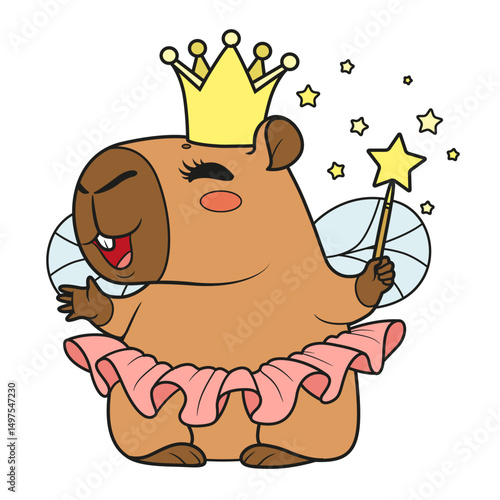 Cute cartoon capybara in a princess dress with wings and a magic wand on a white background