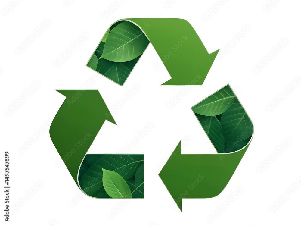 Obraz premium A digital illustration featuring a stylized representation of a recycling symbol. The symbol is a green, curving, looping graphic representing the recycling process. The recycling symbol is the most p
