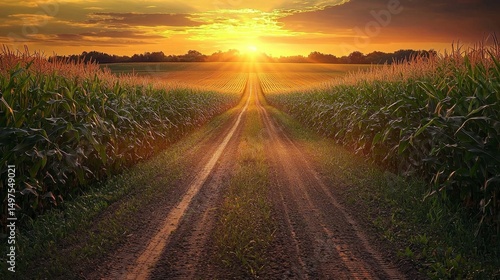 The golden hour casts a warm glow over corn fields.