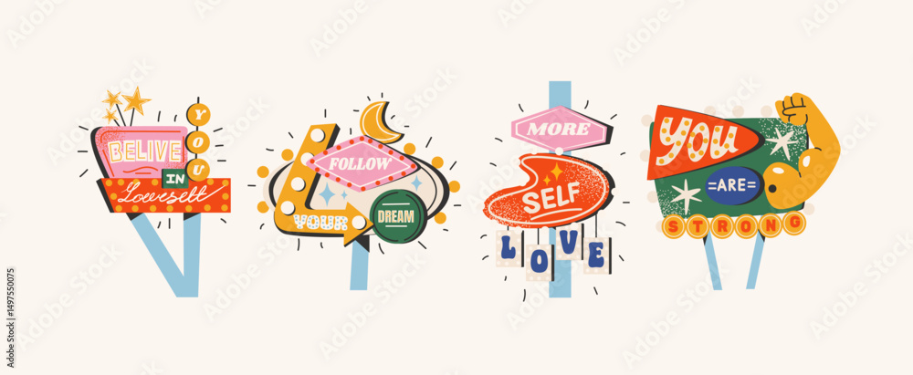 Naklejka premium Motivational signboards in retro cartoon style, vintage road signs, glowing textboards, directional arrows, 90s American aesthetics, inspirational billboard elements, signs in retro groovy style