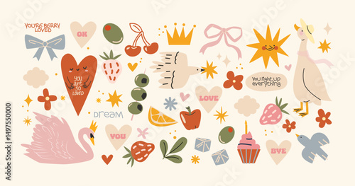 Retro hippie stickers 90s. Romantic spring shapes, animals and fruits in retro cartoon style. Love-themed elements: swan, cupcake, heart, bow. Illustration in funky, doodle style, trendy labels set