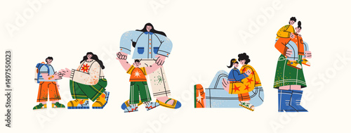 Family care and parent-child characters in retro cartoon style. People mascots: parents with kids, hugs, support, daily life. Illustration in funky, doodle style, trendy sticker set