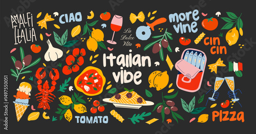 Italian food and culture stickers set in retro cartoon style. Food and drink: pizza, pasta, wine, tomato. Illustration in funky, doodle style, trendy labels set.