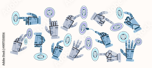 Futuristic AI robot hands in retro cartoon style. Gestures: pointing, tapping, swiping. Technology, automation, smart interface. Illustration in funky, doodle style, trendy sticker set