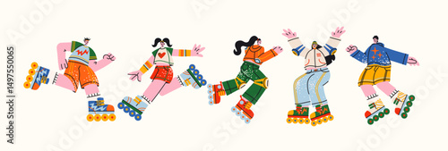 Roller skaters characters in retro cartoon style. Colorful mascots in dynamic poses: sporty girls and boys on roller skates. Illustration in funky, doodle style, trendy sticker set