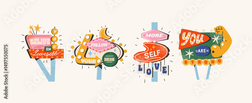 Motivational signboards in retro cartoon style, vintage road signs, glowing textboards, directional arrows, 90s American aesthetics, inspirational billboard elements, signs in retro groovy style