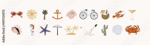 Cartoon summer stickers in retro 90s style. Summer party, vacation, beach season, shore, sun, swimwea, palm. Bright groovy funky summer elements and shapes. Sticker pack of patches, labels, stamps