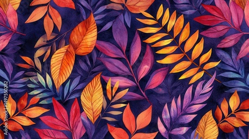Wallpaper Mural Colorful watercolor leaves form a vibrant, autumnal pattern. Use this bold, warm design for backgrounds and fall projects. Torontodigital.ca