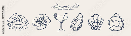 Summer beach stickers in retro linear style, crab, tropical flower, cocktail, seashells, oyster, lifebuoy, ocean vacation elements, seaside mood illustration, trendy vintage minimalist shapes