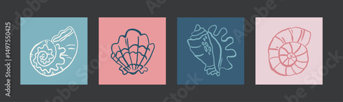 Linear seashell collection in retro cartoon style. Hand-drawn marine elements: spiral shells, clams, coral fragments. Illustration in funky, doodle style, trendy sticker set.