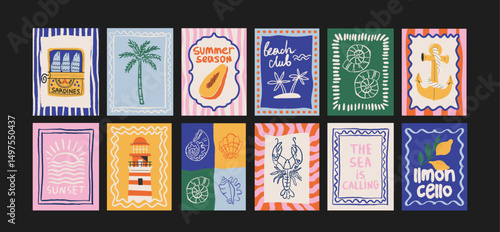 Tropical jungle posters with exotic animals and plants in cartoon style. Wall decor, trendy banners of wildlife, tropical foliage, cocktails, animals. Decor of wallpaper, walls, print and postcard