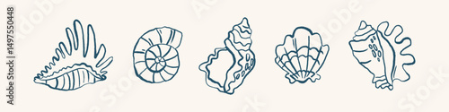 Linear seashell collection in retro cartoon style. Hand-drawn marine elements: spiral shells, clams, coral fragments. Illustration in funky, doodle style, trendy sticker set.