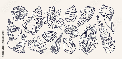 Linear seashell collection in retro cartoon style. Hand-drawn marine elements: spiral shells, clams, coral fragments. Illustration in funky, doodle style, trendy sticker set.