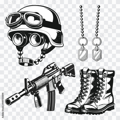 Army Gear Icon PNG | Military Gun, Helmet, Boots | Tactical Combat Equipment Set