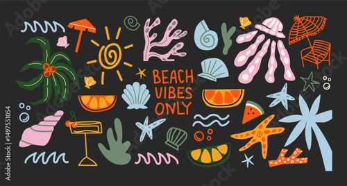 Cartoon summer stickers in retro 90s style. Summer party, vacation, beach season, shore, sun, swimwea, palm. Bright groovy funky summer elements and shapes. Sticker pack of patches, labels, stamps