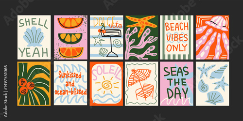 Tropical jungle posters with exotic animals and plants in cartoon style. Wall decor, trendy banners of wildlife, tropical foliage, cocktails, animals. Decor of wallpaper, walls, print and postcard