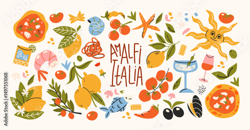 Italian food and culture stickers set in retro cartoon style. Food and drink: pizza, pasta, wine, tomato. Illustration in funky, doodle style, trendy labels set.