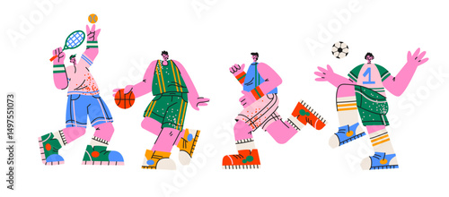 Athletic characters in retro cartoon style. Sporty mascots: tennis and  basketball player, boxer, football player. Active illustration in funky, doodle style.