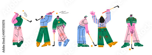 Golf characters in retro cartoon style. Stylized mascots players with clubs and balls, dynamic poses, vibrant sporty outfits, 90s-inspired active scene, outdoor leisure illustration in retro style