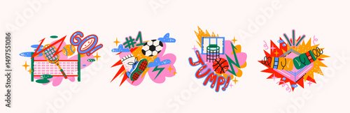 Sport stickers set in retro cartoon style. Training and activity elements: basketball, dumbbell, tennis racket, sneakers. Illustration in funky, doodle style, trendy shapes set