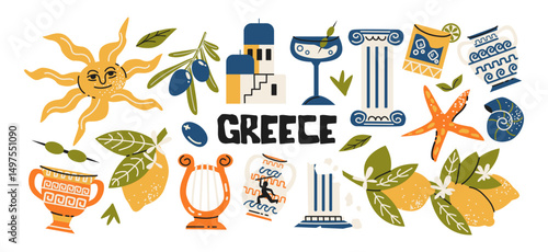 Greek culture and travel symbols in retro cartoon style. National elements: amphora, columns, olives, lemons, ancient ruins. Illustration in funky, doodle style, trendy sticker set